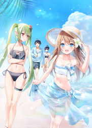 Rule 34 | 1boy, 3girls, a20 (atsumaru), bare arms, beach, bikini, black bikini, black eyes, black hair, black male swimwear, black swim trunks, blue eyes, breasts, brown hair, character request, cleavage, closed mouth, cloud, collarbone, copyright request, criss-cross halter, crossed arms, day, drawstring, floating hair, flower, frown, green hair, hair flower, hair ornament, halterneck, highres, hood, hooded jacket, jacket, kyuutei tan&#039;yashi no shawasena nichijou, long hair, looking at viewer, male swimwear, medium breasts, midriff, multiple girls, navel, official art, open mouth, outdoors, pointy ears, red eyes, sarong, short hair, side-tie bikini bottom, skindentation, small breasts, strapless, strapless bikini, swim trunks, swimsuit, thigh gap, thigh strap, transparent, twintails, very long hair, walking, white bikini, white flower