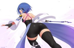 Rule 34 | 1girl, aqua (kingdom hearts), ass, bare shoulders, bike shorts, blue eyes, blue hair, blush, boots, breasts, detached sleeves, fingerless gloves, from behind, from below, gloves, keyblade, kingdom hearts, kingdom hearts birth by sleep, kuroonehalf, looking at viewer, looking back, medium breasts, open mouth, short hair, showgirl skirt, sideboob, smile, solo, thighhighs