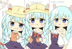 Rule 34 | 1girl, :d, :o, :t, animal ears, azur lane, bare arms, bare shoulders, blue eyes, blue hair, blush, bow, chibi, closed mouth, commentary request, dress, eating, food, food on face, hair between eyes, hair bow, hat, holding, holding clothes, holding dress, holding food, kurukurumagical, long hair, long sleeves, mikazuki (azur lane), multiple views, neckerchief, no headwear, off shoulder, open mouth, out of frame, parted lips, red bow, red neckerchief, sailor collar, sailor dress, school hat, sleeveless, sleeveless dress, smile, tail, tail raised, taiyaki, translation request, unworn dress, very long hair, wagashi, wavy mouth, white dress, white sailor collar, yellow hat
