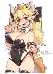Rule 34 | 1girl, absurdres, armlet, bare shoulders, black leotard, black nails, black panties, black ribbon, black thighhighs, blonde hair, blush, bodystocking, bodysuit, bowsette, bracelet, breasts, cleavage, cowboy shot, crown, dated, detached collar, fingernails, from side, hair between eyes, head tilt, highres, horns, jewelry, large breasts, leotard, lifted by self, long fingernails, long hair, looking at viewer, mario (series), nail polish, new super mario bros. u deluxe, nintendo, open mouth, panties, panty pull, pointy ears, red eyes, ribbon, signature, simple background, skindentation, smile, solo, spiked armlet, spiked bracelet, spikes, standing, thick eyebrows, thighhighs, thighs, tongue, tongue out, trevor25527766, twintails, underwear, white background