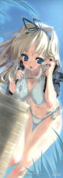 Rule 34 | 00s, 1girl, absurdres, adjusting hair, bent over, bikini, blonde hair, blue eyes, blush, breasts, cleavage, covered erect nipples, drinking, drinking fountain, hair ribbon, hanging breasts, highres, jacket, kusugawa sasara, large breasts, leaning forward, long hair, long image, looking at viewer, open clothes, open jacket, open mouth, ribbon, side-tie bikini bottom, solo, stick poster, swimsuit, tall image, thigh gap, thighs, to heart (series), to heart 2, urotan, water, wet, white bikini, wind