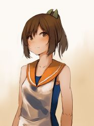 Rule 34 | 1girl, blue one-piece swimsuit, brown eyes, brown hair, closed mouth, commentary, english commentary, gradient background, headgear, i-401 (kancolle), kantai collection, looking at viewer, noccu, one-piece swimsuit, orange sailor collar, ponytail, sailor collar, school swimsuit, school uniform, serafuku, shirt, short hair, smile, solo, standing, swimsuit, white shirt, yellow background