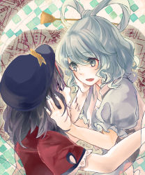Rule 34 | 2girls, bad id, bad pixiv id, beret, blue dress, blue eyes, blue hair, dress, face-to-face, female focus, grey hair, hair ornament, hair rings, hair stick, hand in own hair, hand on another&#039;s cheek, hand on another&#039;s face, hat, jiangshi, kaku seiga, lunica, miyako yoshika, multiple girls, ofuda, outstretched arms, rukashima, shawl, short hair, short sleeves, stitches, touhou, vest, yuri, zombie pose