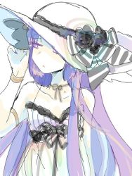 Rule 34 | 1girl, alternate costume, alternate hairstyle, alternate headwear, bad id, bad twitter id, bow, bracelet, commentary request, dress, fate/hollow ataraxia, fate (series), hair down, hat, hat bow, hat ribbon, jewelry, kokenoko1209, long hair, purple eyes, purple hair, ribbon, sleeveless, sleeveless dress, solo, spaghetti strap, stheno (fate), striped, striped bow, upper body, white background, white hat