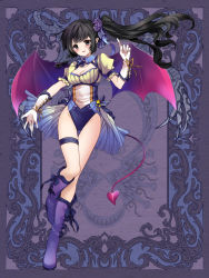 Rule 34 | 1girl, black eyes, black hair, blue bow, blue rose, blush, boots, bow, breasts, cleavage, demon tail, demon wings, detached collar, flower, full body, gloves, hair bow, hair flower, hair ornament, hair ribbon, hoshino erina, joumu, leg lift, leg up, leotard, long hair, looking at viewer, pointy ears, psychic hearts, purple footwear, ribbon, rose, showgirl skirt, side ponytail, solo, standing, standing on one leg, tail, thigh gap, thigh strap, white gloves, wings