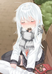 Rule 34 | 1girl, ahoge, aruma (sawayaka tokuko miruku), bench, black skirt, black thighhighs, blurry, blurry background, blush, box, brown neckerchief, candy, chocolate, chocolate heart, closed eyes, closed mouth, commentary request, day, depth of field, enpera, food, food in mouth, fringe trim, hair between eyes, heart, hibiki (kancolle), highres, kantai collection, long hair, long sleeves, mouth hold, neckerchief, no headwear, nose blush, on bench, outdoors, park bench, pleated skirt, scarf, school uniform, serafuku, shirt, sidelocks, silver hair, sitting, skirt, solo focus, striped clothes, striped scarf, thighhighs, valentine, white shirt