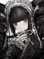 Rule 34 | 1girl, black hair, black nails, celestia ludenberg, chan8016, claw ring, danganronpa: trigger happy havoc, danganronpa (series), drill hair, earrings, expressionless, frilled sleeves, frills, gothic lolita, hairband, hand on own chin, highres, jewelry, lolita fashion, lolita hairband, long hair, long sleeves, looking at viewer, nail polish, necktie, red eyes, red necktie, ribbon, shirt, solo, twin drills, twintails, upper body