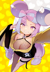 Rule 34 | 1girl, asymmetrical bangs, bare shoulders, blue hair, bow-shaped hair, breasts, character hair ornament, cleavage, creatures (company), game freak, hair ornament, hand up, heart, heart in eye, highres, inward v, iono (pokemon), jacket, large breasts, leaning forward, long sleeves, looking at viewer, miya9, multicolored hair, nintendo, pink hair, pokemon, pokemon sv, purple eyes, sharp teeth, solo, symbol in eye, teeth, textless version, thigh strap, translucent, twintails, two-tone hair, yellow jacket, zipper pull tab