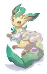 Rule 34 | absurdres, artist name, clothed pokemon, creatures (company), dress, game freak, gen 4 pokemon, highres, leafeon, leafeon (checkered), looking at viewer, nintendo, no humans, nullma, pokemon, pokemon (creature), pokemon unite, signature, simple background, solo, watermark, white background, white dress