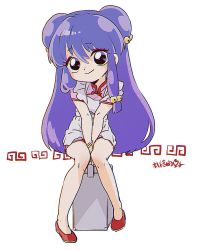 Rule 34 | 1girl, apple-boy, bell, chibi, chinese clothes, full body, hair bell, hair between eyes, hair ornament, jingle bell, knees together feet apart, purple eyes, purple hair, ranma 1/2, red footwear, shampoo (ranma 1/2), simple background, solo, white background