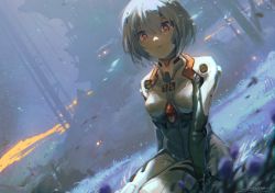 Rule 34 | 1girl, ayanami rei, blue hair, bodysuit, breasts, breasts apart, closed mouth, hair ornament, highres, neon genesis evangelion, on floor, outdoors, plugsuit, red eyes, scenery, shadow, signature, solo, white bodysuit, zeniyan
