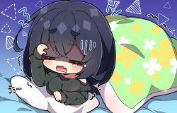 Rule 34 | 1girl, arm up, bare shoulders, black sweater, blanket, blue background, breasts, closed eyes, fang, floral print, gradient background, hair between eyes, hand on own head, highres, kyoumachi seika, large breasts, milkpanda, off shoulder, open mouth, pillow, purple background, ribbed sweater, short eyebrows, solo, sweater, thick eyebrows, trembling, turn pale, voiceroid