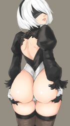 Rule 34 | 1girl, absurdres, ass, ass grab, back cutout, black legwear, blindfold, cameltoe, clothing cutout, female focus, from behind, gloves, grabbing own ass, grey background, hairband, highres, huge ass, looking back, mole, mole under mouth, nier (series), nier:automata, parted lips, short hair, simple background, skindentation, solo, thigh gap, user wpet4348, white hair, 2b (nier:automata)