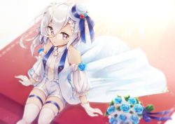 Rule 34 | 1girl, arm support, armpit peek, asymmetrical hair, azur lane, bare shoulders, blue flower, blue ribbon, blue rose, bouquet, braid, breasts, bridal garter, collared shirt, commentary request, cross, crossed bangs, detached sleeves, dress, flower, french braid, frilled sleeves, frills, gloves, hat, hat flower, hat ribbon, highres, light rays, looking to the side, medium hair, mini hat, necktie, open clothes, open vest, purple eyes, red carpet, ribbon, rose, satsuki meguru, shirt, short shorts, shorts, sidelocks, signature, sitting, sleeveless, sleeveless shirt, small breasts, solo, sparkle, striped clothes, striped shirt, thighhighs, tilted headwear, vertical-striped clothes, vertical-striped shirt, vest, waistcoat, wedding dress, white gloves, white hair, white hat, white necktie, white shorts, white sleeves, white thighhighs, white vest, z1 leberecht maass (azur lane)
