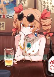 Rule 34 | 1girl, alcohol, bangle, beer, beer mug, blurry, blurry background, blush, bracelet, bromide, cup, depth of field, drill hair, eyewear on head, hand on own cheek, hand on own face, highres, jewelry, komeiji satori, looking at viewer, mug, orange hair, poster (object), restaurant, scavia10, sunglasses, touhou, twintails, yorigami jo&#039;on