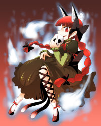 Rule 34 | 1girl, animal ears, braid, cat ears, cat girl, cat tail, extra ears, female focus, full body, gradient background, hair ribbon, hecktop, highres, kaenbyou rin, multiple tails, red eyes, red hair, ribbon, short hair, solo, tail, touhou, twin braids