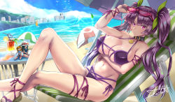 Rule 34 | 1girl, alternate hairstyle, beach, bikini, bird, blunt bangs, blush, boat, breast hold, breasts, building, character doll, character request, choker, cleavage, cloud, cocktail, commentary request, creatures (company), day, eyewear on head, game freak, gym leader, hat, highres, large breasts, leg ribbon, looking at viewer, lying, misty (pokemon), nintendo, ocean, pokemon, pokemon (anime), pokemon (classic anime), pokemon rgby, purple bikini, purple eyes, purple hair, revision, ribbon, sabrina (pokemon), side-tie bikini bottom, signature, sky, sparkle, summer, sunglasses, swimsuit, takecha, thigh ribbon, twintails, watercraft