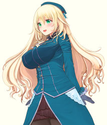 Rule 34 | 1girl, ascot, atago (kancolle), beret, black gloves, black skirt, blonde hair, blue hat, blue jacket, blue skirt, blush, breasts, cowboy shot, gloves, green eyes, hair between eyes, hat, highres, jacket, kantai collection, large breasts, long hair, long sleeves, looking at viewer, military, military uniform, momonyadayo, open mouth, pantyhose, simple background, skirt, smile, solo, standing, uniform, white background