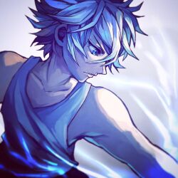 Rule 34 | 1boy, aokamei, bare arms, blue eyes, blue theme, collarbone, commentary, english commentary, eyelashes, hunter x hunter, killua zoldyck, looking to the side, male focus, messy hair, outstretched arm, parted lips, short hair, solo, tank top, upper body