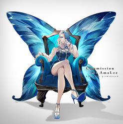 Rule 34 | 1girl, armchair, bare legs, blue eyes, blue hair, blue nails, breasts, butterfly wings, chair, commission, dress, earrings, elbow rest, full body, gold earrings, head rest, high heels, highres, indie virtual youtuber, insect wings, jewelry, large breasts, large wings, long sleeves, looking at viewer, monarch (amalee), multicolored hair, nail polish, neck ribbon, parted lips, puffy sleeves, ribbon, short dress, sitting, solo, split-color hair, thighs, two-tone hair, v-shaped eyebrows, virtual youtuber, watermark, white hair, wings, yu pa u