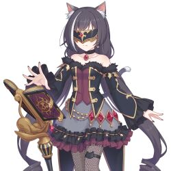 Rule 34 | animal ears, black hair, book, cat ears, cat tail, choker, dress, fishnet pantyhose, fishnets, grimoire, jewelry, karyl (princess connect!), long hair, mask, necklace, official art, pantyhose, princess connect!, tachi-e, tail, transparent background