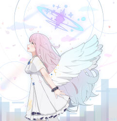 Rule 34 | 1girl, :d, absurdres, angel wings, blue archive, blunt bangs, capelet, commentary request, dress, dsfr, facing away, feathered wings, frilled dress, frills, from side, gradient hair, halo, highres, long hair, looking away, looking up, mika (blue archive), multicolored hair, open mouth, pantyhose, pink hair, sidelocks, simple background, smile, solo, two-tone hair, white background, white capelet, white dress, white pantyhose, white wings, wings, wrist cuffs, yellow eyes