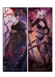 Rule 34 | 2girls, bikini, black bikini, breasts, cherry blossoms, fate/grand order, fate (series), from side, grey hair, highres, jeanne d&#039;arc alter (swimsuit berserker) (fate), jeanne d&#039;arc (fate), jeanne d&#039;arc (ruler) (fate), jeanne d&#039;arc alter (fate), jeanne d&#039;arc alter (swimsuit berserker) (fate), katana, long hair, medium breasts, multiple girls, navel, planted, planted sword, planted weapon, shrug (clothing), swimsuit, sword, thigh gap, thighs, weapon, yellow eyes, zanyak