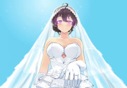 Rule 34 | 1girl, absurdres, ahoge, bad id, bad pixiv id, bare shoulders, beifeng han, black hair, blue background, blush, breasts, cleavage, dress, gloves, glowing, hair between eyes, highres, jewelry, large breasts, looking at viewer, miyaura sanshio, original, ornate ring, outstretched arm, purple eyes, ring, smile, solo, strapless, strapless dress, veil, wedding dress, wedding ring, white gloves