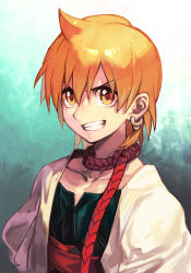 Rule 34 | 1boy, ali baba saluja, blonde hair, choker, cloak, collarbone, earrings, hungry clicker, jewelry, looking at viewer, magi the labyrinth of magic, male focus, open mouth, red neckwear, shirt, simple background, smile, solo, yellow eyes
