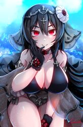 Rule 34 | 1girl, absurdres, baileys (tranquillity650), bare shoulders, black gloves, black hair, breasts, bridal veil, choker, cleavage, collarbone, gloves, hair ornament, highres, ilya (princess connect!), large breasts, leotard, llya (ceremonial) (princess connect!), long hair, looking at viewer, official alternate costume, princess connect!, red eyes, solo, thighs, veil, very long hair