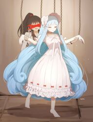 Rule 34 | 2girls, angela (project moon), barefoot, bear hair ornament, blue hair, bonnet, brown hair, carmen (project moon), censored, chain, choker, closed eyes, coat, collared shirt, commentary request, dress, e.g.o (project moon), frilled dress, frills, hair ornament, highres, holding another&#039;s arm, identity censor, korean commentary, library of ruina, long hair, long sleeves, love mintchoco, multiple girls, parted lips, pinocchio (project moon), project moon, puffy short sleeves, puffy sleeves, shirt, short sleeves, sidelocks, very long hair, white choker, white coat, white dress