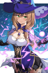 Rule 34 | 1girl, asato (fadeless), belt, blonde hair, breasts, cleavage, commentary request, cowboy shot, dress, flower, gem, genshin impact, gloves, green eyes, hair flower, hair ornament, hair over shoulder, hat, highres, lisa (genshin impact), long hair, magic, purple gemstone, smile, solo, witch hat