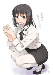 Rule 34 | 1girl, black hair, black necktie, black skirt, brown eyes, dress shirt, full body, haguro (kancolle), haguro kai ni (kancolle), hair ornament, kantai collection, looking at viewer, military, military uniform, necktie, nikuoji, open mouth, own hands clasped, own hands together, pantyhose, pencil skirt, shirt, short hair, simple background, skirt, smile, solo, squatting, translation request, uniform, white background, white pantyhose, white shirt