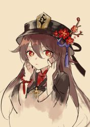 Rule 34 | 1girl, absurdres, bead bracelet, beads, black hat, black nails, blush, bracelet, brown hair, chinese clothes, closed mouth, flower, genshin impact, hand on own face, hat, hat flower, highres, hu tao (genshin impact), jewelry, looking at viewer, nail polish, qingxin gua yu, red eyes, ring, solo, symbol-shaped pupils, top hat, twintails