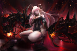 Rule 34 | 1girl, absurdres, aegir (azur lane), artillery, azur lane, bare shoulders, black cape, black footwear, black gloves, bodystocking, breast curtains, breasts, cape, chain, covered navel, cross, cross-laced clothes, demon horns, elbow gloves, fangs, gloves, hair between eyes, hair on horn, high heels, highres, horns, iron cross, large breasts, long hair, multicolored hair, non-humanoid robot, open mouth, red hair, robot, robot dragon, solo, streaked hair, tongue, tongue out, turret, very long hair, white hair, yellow eyes, zwischen