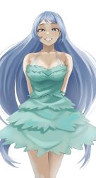 Rule 34 | 1girl, absurdres, arms behind back, blue eyes, blue hair, blush, boku no hero academia, breasts, cleavage, collarbone, dress, fengling (furin-jp), hadou nejire, highres, large breasts, legs, long hair, looking at viewer, simple background, smile, solo, teeth, thighs, white background