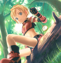 Rule 34 | artist request, blonde hair, blue eyes, boots, forest, gloves, nature, pocket watch, short hair, sitting, solo, watch