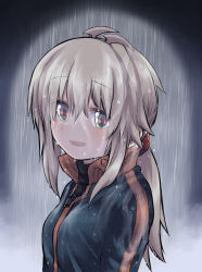 Rule 34 | 1girl, :d, black jacket, brown hair, crying, crying with eyes open, green eyes, highres, jacket, koshirae tsurugi (m.m), long hair, long sleeves, looking at viewer, m.m, open mouth, original, ponytail, rain, smile, solo, tears, track jacket, water drop, wet, wet clothes, wet hair, wet jacket