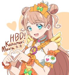 Rule 34 | 1girl, :d, bare shoulders, blue eyes, bow, brown hair, character name, clover, detached sleeves, dolldolldd, double bun, four-leaf clover, hair bun, hands up, happy birthday, heart, heart hands, highres, idol clothes, kanamori maria, kiratto pri chan, long hair, looking at viewer, open mouth, orange bow, pretty series, puffy detached sleeves, puffy sleeves, smile, solo, two side up, upper body, wrist cuffs