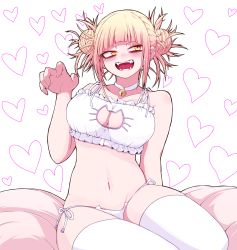Rule 34 | 1girl, arm support, bare shoulders, bell, blonde hair, blunt bangs, blush, boku no hero academia, bra, breasts, cat cutout, cat ear panties, cat lingerie, choker, claw pose, cleavage, cleavage cutout, clothing cutout, collarbone, commentary request, double bun, facing viewer, fangs, frills, hair bun, hand up, heart, heart background, highres, large breasts, meme attire, messy hair, navel, neck bell, okumari, open mouth, panties, seiza, short hair, side-tie panties, sitting, smile, solo, stomach, teeth, thighhighs, toga himiko, underwear, white bra, white choker, white panties, white thighhighs, yellow eyes