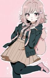 1girl amkm_8 animal_bag blush breasts brown_hair brown_skirt cat_bag collared_shirt danganronpa_(series) danganronpa_2:_goodbye_despair flipped_hair galaga hair_ornament highres hood jacket long_sleeves looking_at_viewer medium_hair nanami_chiaki neck_ribbon open_clothes open_jacket pink_bag pink_eyes pink_ribbon pleated_skirt ribbon shirt skirt solo thighhighs two-tone_shirt white_shirt