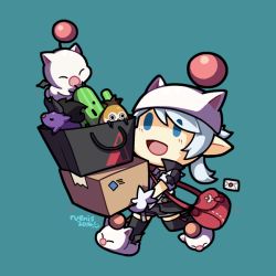 Rule 34 | 10s, 1girl, blue eyes, box, chibi, final fantasy, final fantasy xiv, hat, lalafell, moogle, pointy ears, rue (ruenis chronowing), silver hair, simple background, slippers, warrior of light (ff14)