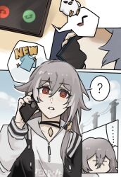 Rule 34 | ..., 1girl, ?, black choker, black jacket, black nails, blue sky, choker, commentary, day, english commentary, english text, flat chest, fu hua, fu hua (herrscher of sentience), grey hair, hair between eyes, highres, holding, holding phone, honkai (series), honkai impact 3rd, jacket, jingwei (bird), long hair, michuan ximo, musical note, outdoors, parted lips, phone, red eyes, shirt, sky, solo, upper body, white shirt, white sleeves