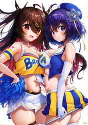 Rule 34 | 2girls, ahoge, armband, armpits, bare shoulders, blue headwear, blue jacket, breasts, brown hair, butt crack, cheerleader, closed mouth, colored inner hair, cowboy shot, crop top, elbow gloves, frown, gloves, hair ornament, hand on another&#039;s stomach, hand on own hip, hat, highleg, highres, holding, holding pom poms, honkai (series), honkai impact 3rd, jacket, long hair, looking at viewer, medium breasts, midriff, miniskirt, multicolored hair, multiple girls, navel, open clothes, open jacket, open mouth, panty straps, partially fingerless gloves, pleated skirt, pom pom (cheerleading), pom poms, purple eyes, purple hair, red eyes, red hair, seele (alter ego), seele vollerei, seele vollerei (starchasm nyx), shirt, short hair, skindentation, skirt, sleeveless, sleeveless jacket, sleeveless shirt, smile, stomach, thigh strap, thighhighs, thighs, two-tone skirt, two side up, v-shaped eyebrows, white gloves, white skirt, white thighhighs, xfate, yellow shirt, zettai ryouiki