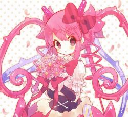 Rule 34 | 1girl, blush, bouquet, bow, character request, flower, hibi89, holding, holding bouquet, juliet sleeves, long sleeves, looking at viewer, merc storia, petals, pink eyes, pink hair, polka dot, polka dot background, puffy sleeves, ribbon, solo, striped sleeves, twintails