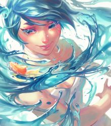 Rule 34 | 1girl, blue eyes, blue hair, bottle miku, breasts, choker, cleavage, collarbone, dress, fish, floating hair, from above, goldfish, half-closed eyes, hatsune miku, highres, jeremy anninos, liquid hair, looking to the side, open hand, smile, solo, vocaloid, white background, white choker, white dress