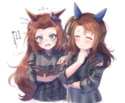 Rule 34 | 2girls, ^ ^, animal ears, blush, bow, brown hair, closed eyes, closed mouth, ear bow, flying sweatdrops, forehead, green bow, holding, horse ears, ittokyu, japanese clothes, kawakami princess (umamusume), kimono, king halo (umamusume), long hair, long sleeves, multiple girls, one side up, open mouth, parted bangs, simple background, striped clothes, striped kimono, sweat, translation request, umamusume, vertical-striped clothes, vertical-striped kimono, very long hair, white background