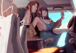 Rule 34 | 2girls, absurdres, bag, bare shoulders, black jacket, blue dress, blue eyes, blue nails, blue sky, blurry, blurry foreground, bracelet, breasts, brown jacket, car interior, chinese commentary, cigarette, cleavage, commentary request, day, depth of field, dress, grabbing, grabbing another&#039;s breast, hand up, highres, holding, holding cigarette, jacket, jewelry, large breasts, long sleeves, looking at another, medium hair, multiple girls, nail polish, off shoulder, open clothes, open jacket, original, paid reward available, purple hair, red hair, sidelocks, sky, steering wheel, zuoteng lucha