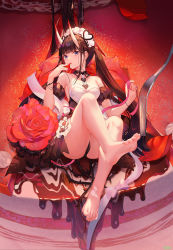 Rule 34 | 1girl, absurdres, apron, atdan, azur lane, bare legs, bare shoulders, barefoot, black dress, black hair, black panties, blunt bangs, breasts, cake, cream on body, detached sleeves, dress, feet, flower, food, fork, fruit, full body, highres, holding, holding food, holding fruit, holding ribbon, horns, long hair, looking at viewer, maid headdress, medium breasts, noshiro (azur lane), noshiro (hold the ice) (azur lane), official alternate costume, oni horns, panties, pink ribbon, puffy short sleeves, puffy sleeves, purple eyes, red flower, red rose, ribbon, rose, short sleeves, sitting, soles, solo, strawberry, thorns, toes, twintails, underwear, very long hair, white apron