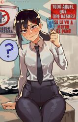 Rule 34 | 1girl, ?, arm support, black hair, black necktie, black pants, bra visible through clothes, brown eyes, chainsaw man, collared shirt, food, hair ornament, hairclip, higashiyama kobeni, high-waist pants, highres, holding, holding food, holding popsicle, mole, mole under eye, mole under mouth, necktie, office lady, pants, patreon logo, ponytail, popsicle, ribosoma 42, see-through, see-through shirt, shirt, shirt tucked in, sign, single sidelock, sitting, solo, speech bubble, spoken question mark, sweat, sweaty clothes, warning sign, watermark, web address, white background
